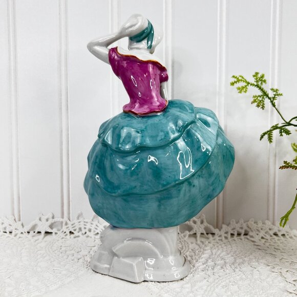 Vintage Japanese Lady Figurine With Hat & Ruffled Dress 7.5" Height - Picture 2 of 11